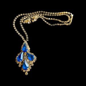 HOBE Vintage necklace, signed. Smoky rhinestones and blue sapphire tear drops